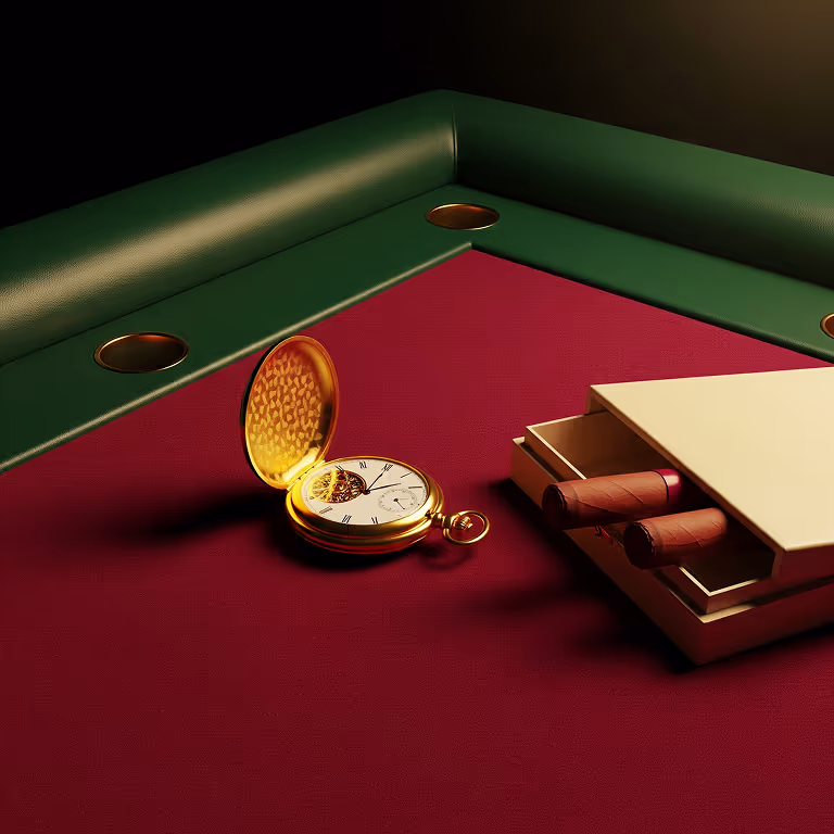 DKPredict Casino luxury pocket watch and cigar case on elegant casino table background