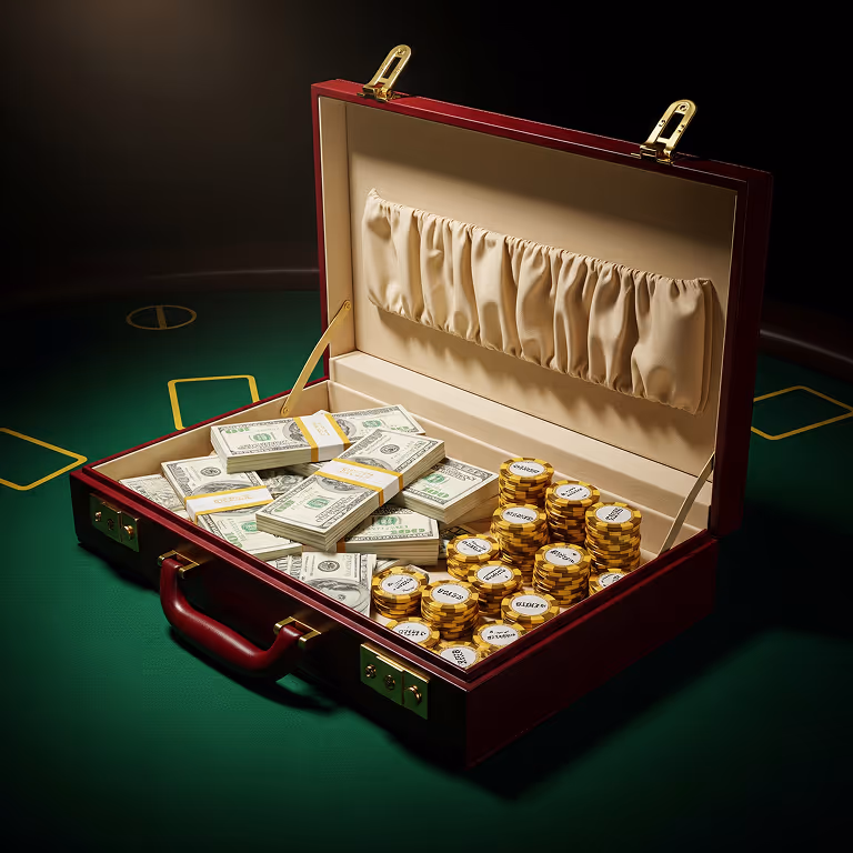 DKPredict Casino cash suitcase filled with money bundles and casino chips on gaming table