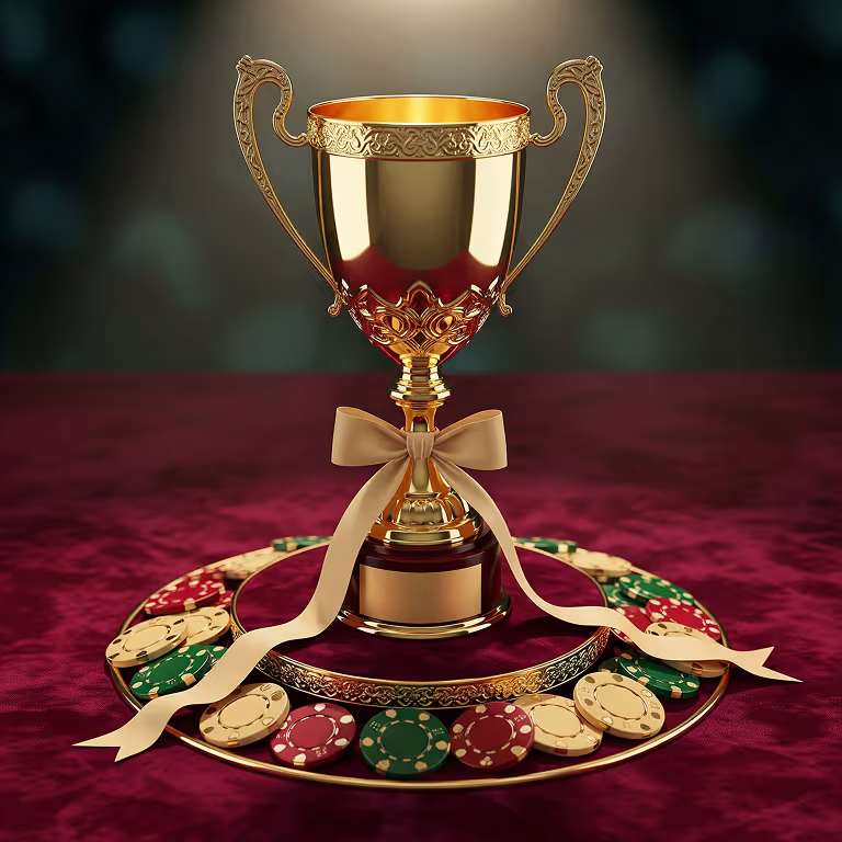 DKPredict Casino golden trophy surrounded by casino chips and luxury gaming atmosphere
